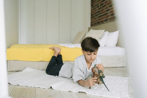 Free A young boy plays with dinosaur toys on a white rug in a modern bedroom setting. Stock Photo