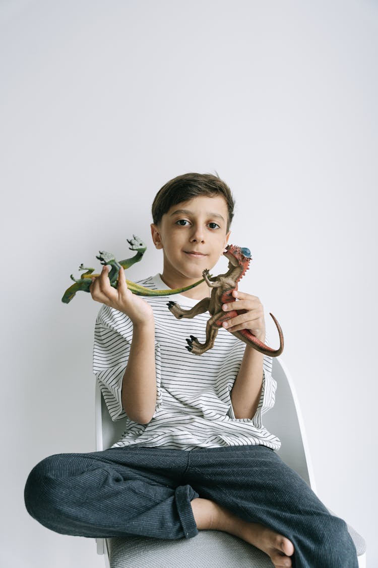 A Child Playing With Dinosaurs 