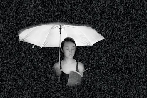 Mulher Segurando Um Guarda Chuva, Foto Em Escala De Cinza