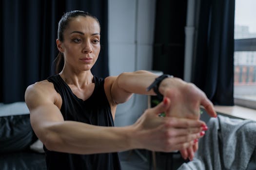 Focused woman stretching arms indoors before exercise session.