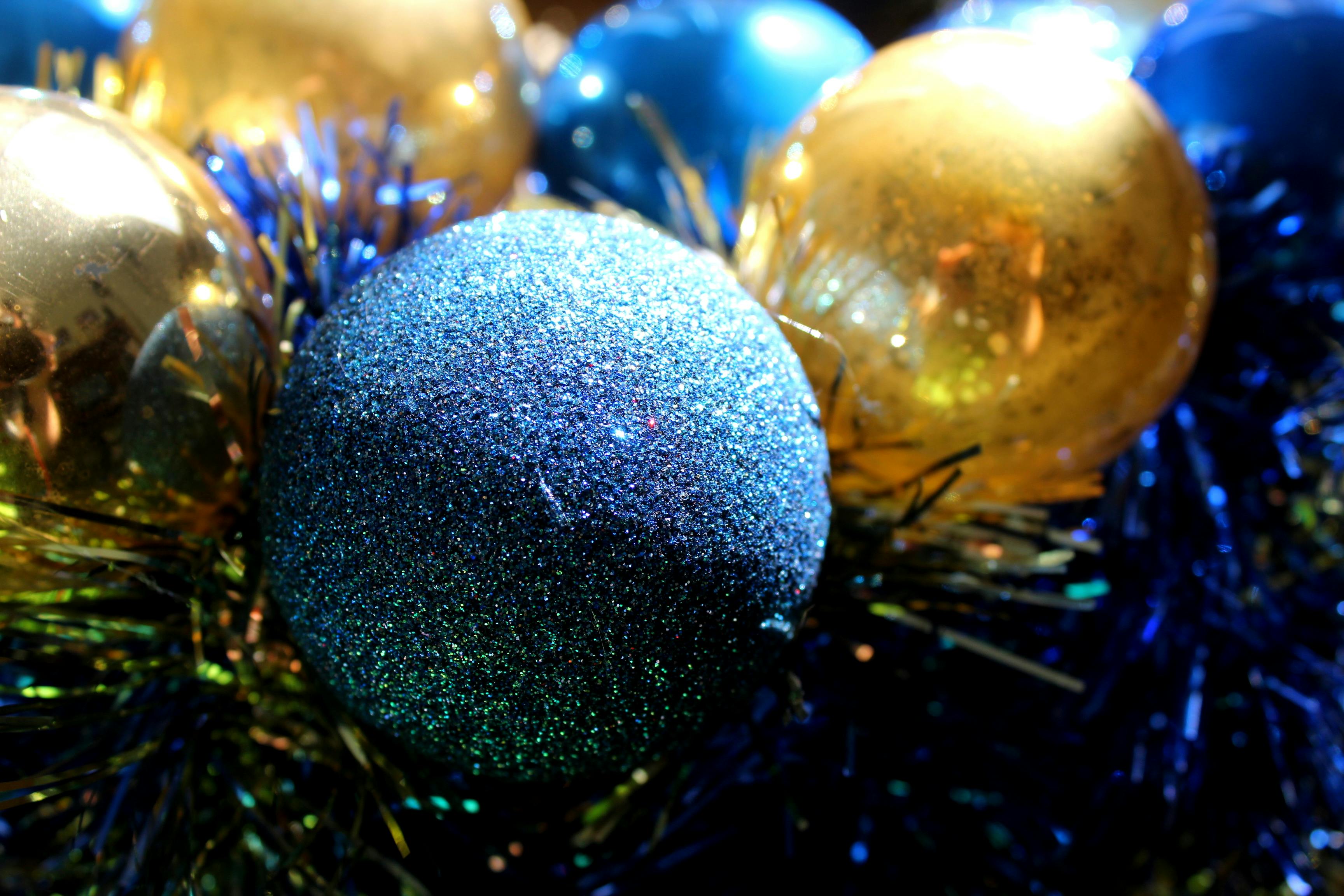 gray blue and gold colored baubles