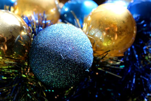 Gray, Blue, and Gold-colored Baubles