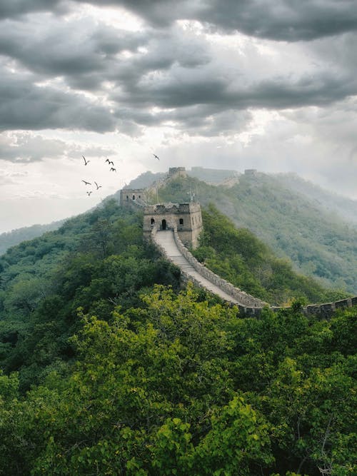 Kostenloses Stock Foto zu bäume, bewölkter himmel, chinesische mauer