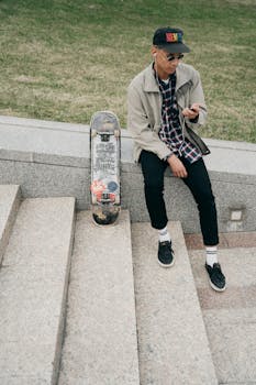 Young man with skateboard and smartphone on outdoor stairs showcasing urban style.