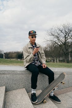A young skateboarder sits on outdoor steps, checking his smartphone. Casual and relaxed vibe.