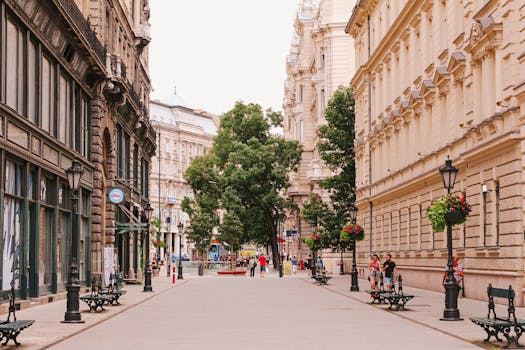 A picturesque city street in Europe featuring historic buildings and urban greenery.