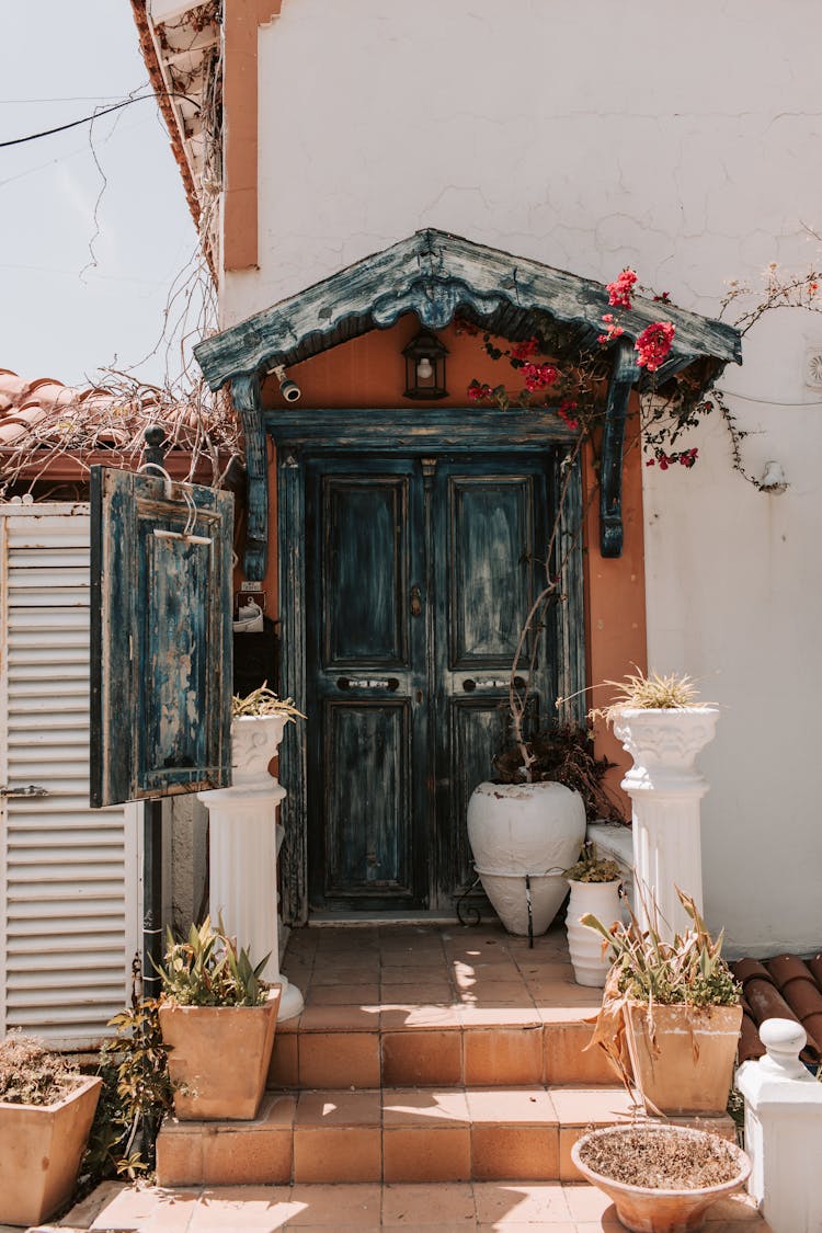 Blue Wooden Door With Red Flowers On Canopy