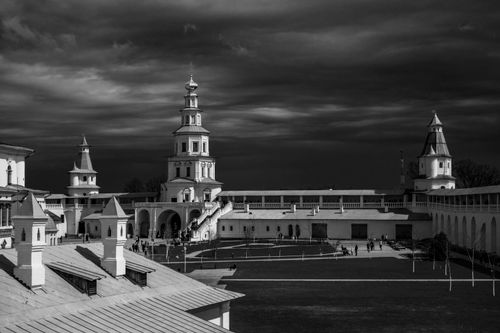 Free An artistic black and white photo of New Jerusalem Monastery, Moscow, illustrating classic Russian architecture. Stock Photo