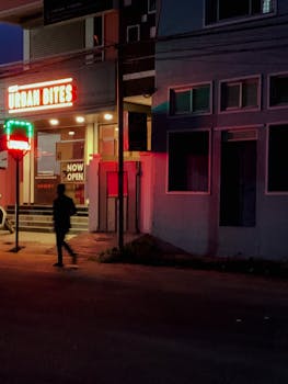 Street view of an urban area at night featuring a brightly lit restaurant sign and a passerby silhouette.