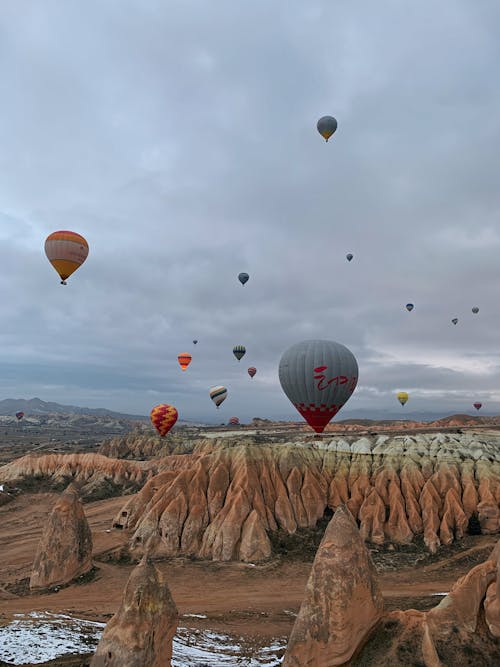 View of Hot Air Balloons Flying over Cappadocia, Turkey on a Cloudy Day