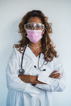 Portrait of a female healthcare professional wearing protective gear and a stethoscope.