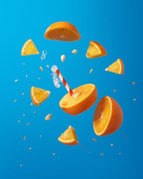 Vibrant levitating orange slices with a straw create a fun, fresh, and healthy concept
