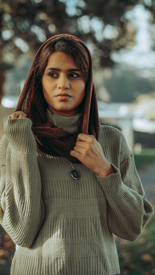 Woman Wearing Headscarf to Sweater