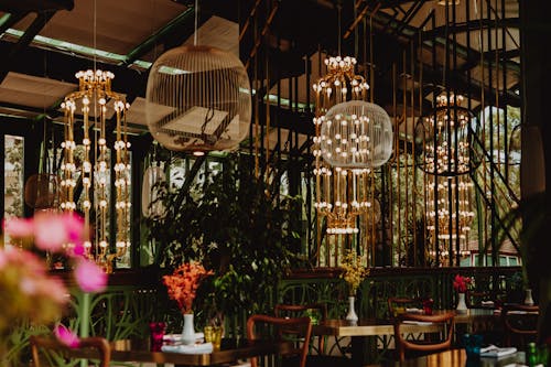 Plants and Lamps over Tables in a Restaurant