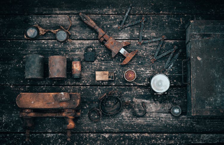 Old Tools On Wooden Surface