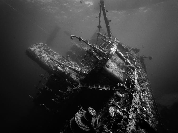 Grayscale Photo Of Ship Wreck Under Water