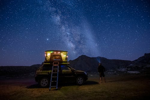 A Back View of a Person Standing Near the Camper Van Under the Starry Sky