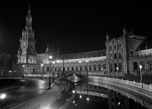 Plaza de Espana in Seville at Night in Black and White