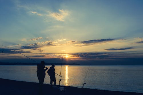 Silhouette of Men Fishing During Sunset