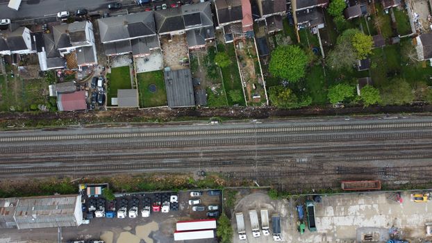 Drone Shot of Railway Tracks along Houses