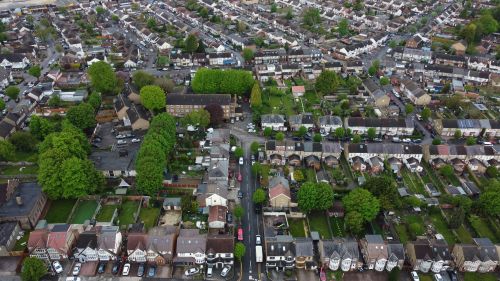 Free High-angle aerial view of a residential neighborhood in Luton, England showing houses and streets. Stock Photo