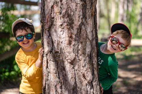 Free Happy brothers standing behind tree in park Stock Photo