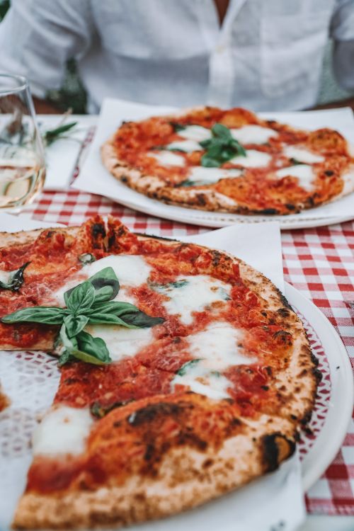 Free Delicious Margherita pizza with fresh basil on a red checkered tablecloth, capturing an authentic Italian dining experience. Stock Photo