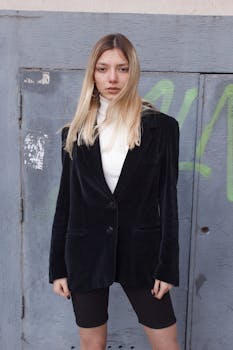 Portrait of a fashionable young woman wearing a black blazer and shorts in an urban environment.