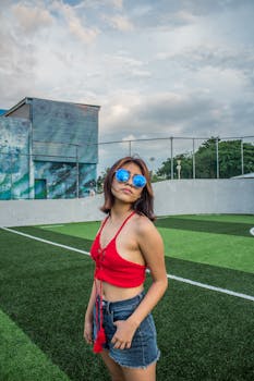 Stylish woman in sunglasses and red top posing confidently on a sports field