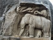 A Sculpture of Elephants and a Monkey at the Descent of the Ganges in Mamallapuram, India