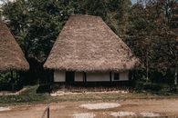 Small wooden hut with thatched roof and white stone walls and wooden fence located near green forest