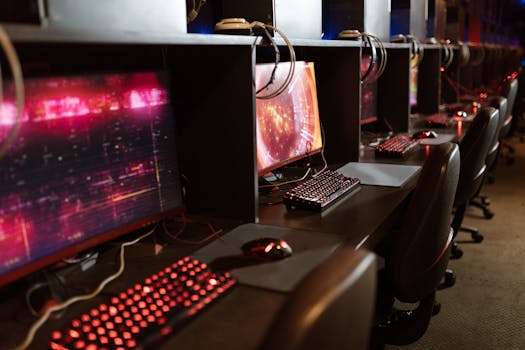 Row of gaming stations with illuminated keyboards and monitors in an esports arena.