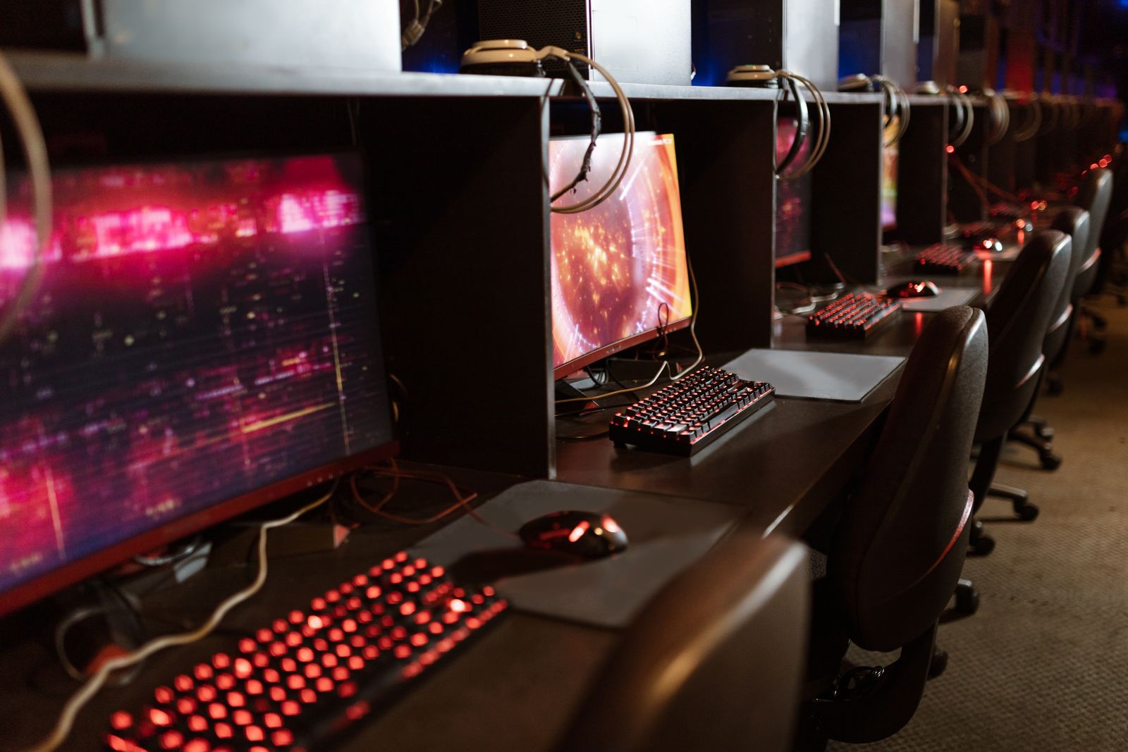 Row of illuminated gaming stations