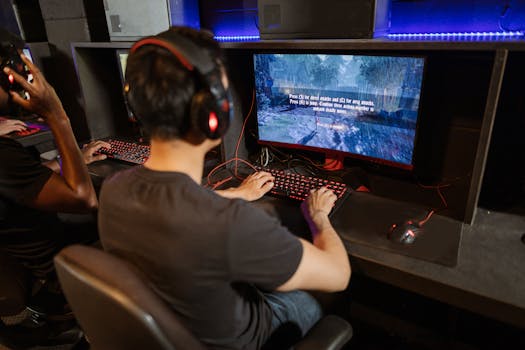 Two gamers immersed in a video game with high-tech equipment and vibrant gaming setup.
