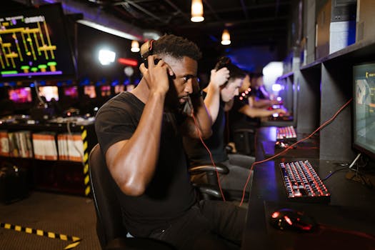 Focused gamers with headphones immersed in PC games at a lively esports venue.
