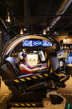A woman immersed in a high-tech gaming experience, seated in a modern gaming chair indoors.