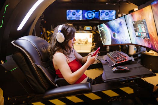 Young woman enjoying computer gaming at home with a high-tech gaming setup and smartphone.
