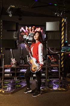 Young woman enjoying Guitar Hero game in a vibrant gaming room.