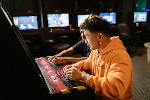 Two young men playing arcade games in a modern gaming room, enjoying esports fun.