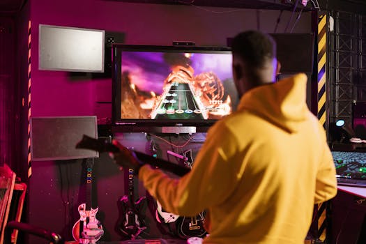A man in a yellow jacket playing Guitar Hero on a monitor indoors, enjoying e-sports.