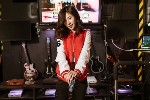 Young woman enjoying Guitar Hero session in a vibrant gaming lounge setting.