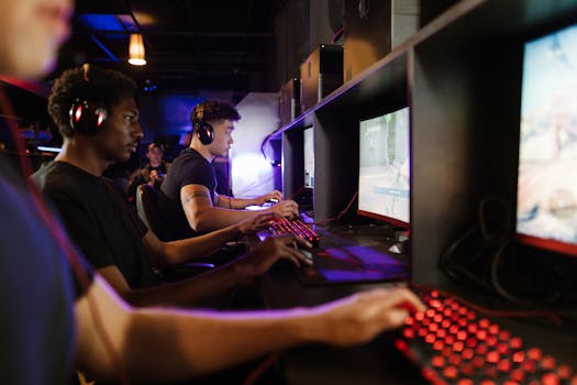 Young adults gaming at a modern LAN center with advanced PCs, showcasing intense gaming focus.