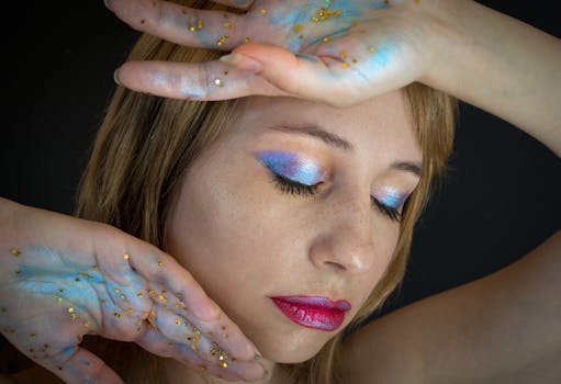 A close-up portrait of a young woman with colorful eye makeup and glittering hands, eyes closed.