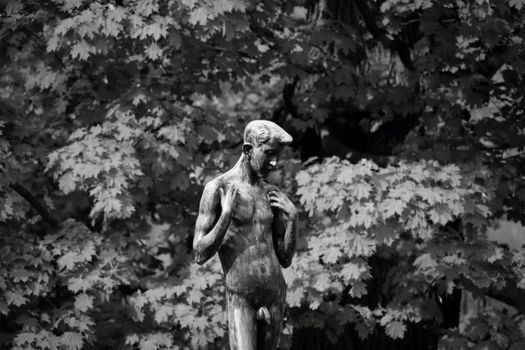 Grayscale Photo of Statue of a Man