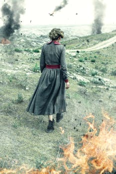 Woman in historical dress walks on a smoky battlefield with fires and explosions around.