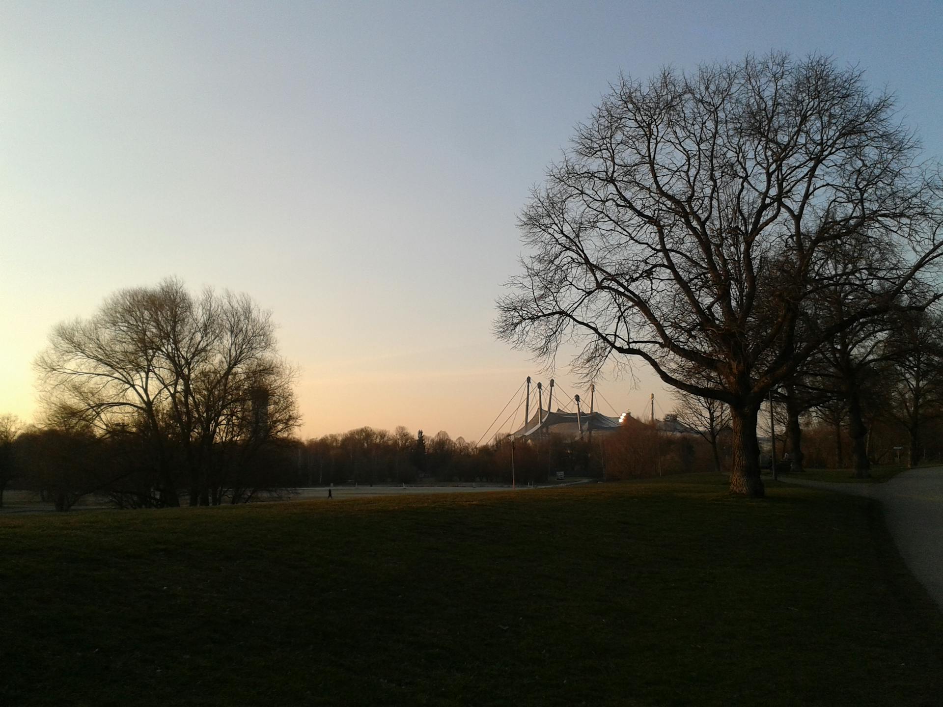 Serene view of Olympiapark München at sunset with leafless trees and a clear sky.