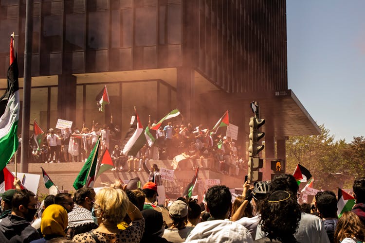 People Protesting With Palestinian Flags