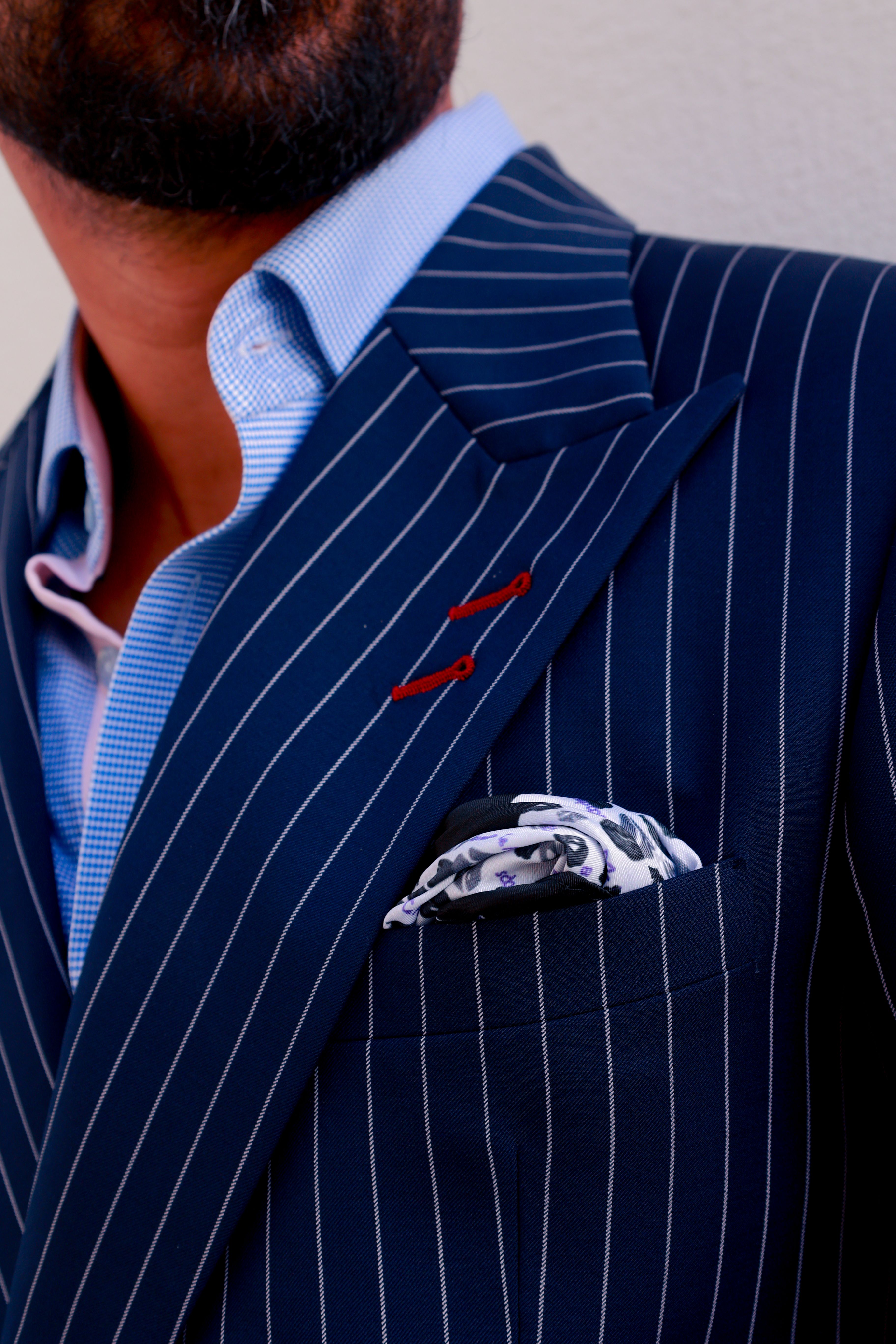 Blue suit jacket close up