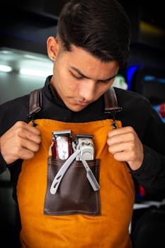 Young barber checking tools in apron. Professional and focused.