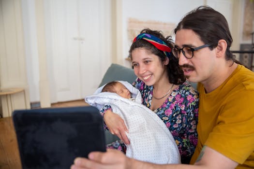 A young couple joyfully video chatting with their newborn baby in a cozy home setting.